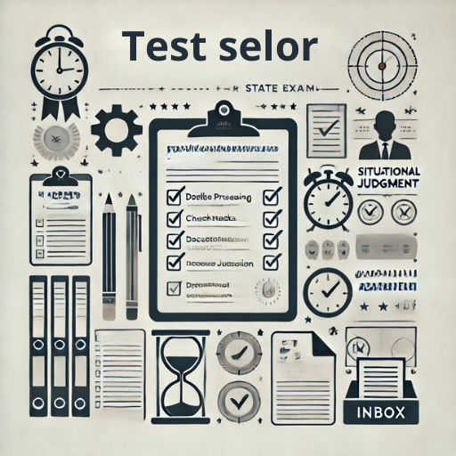 Illustration symbolique des tests de compétences comportementales pour les examens de sélection de l'État, avec tableau à cocher, sablier, horloge et bac de réception.