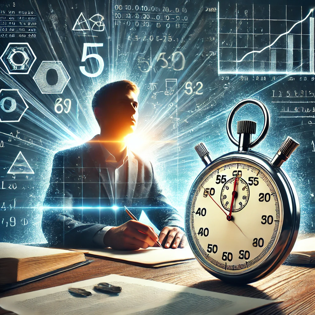 Un homme concentré travaillant sur des calculs, avec un chronomètre et des équations mathématiques en arrière-plan, symbolisant la gestion du temps pour réussir les concours.