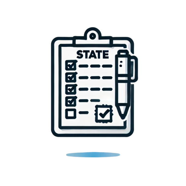 Illustration minimaliste représentant des tests d'État avec une liste de vérification sur un clipboard, destinée à inciter les utilisateurs à s'inscrire pour des conseils de préparation.