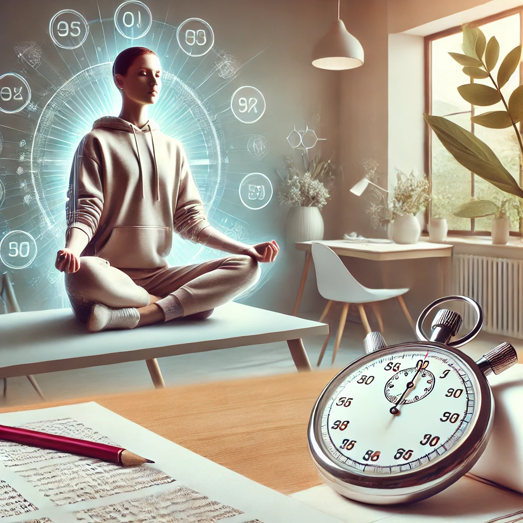 Une personne calme en méditation dans une pièce lumineuse, avec un chronomètre et des feuilles d’examen sur une table, représentant la gestion du stress pour les tests.