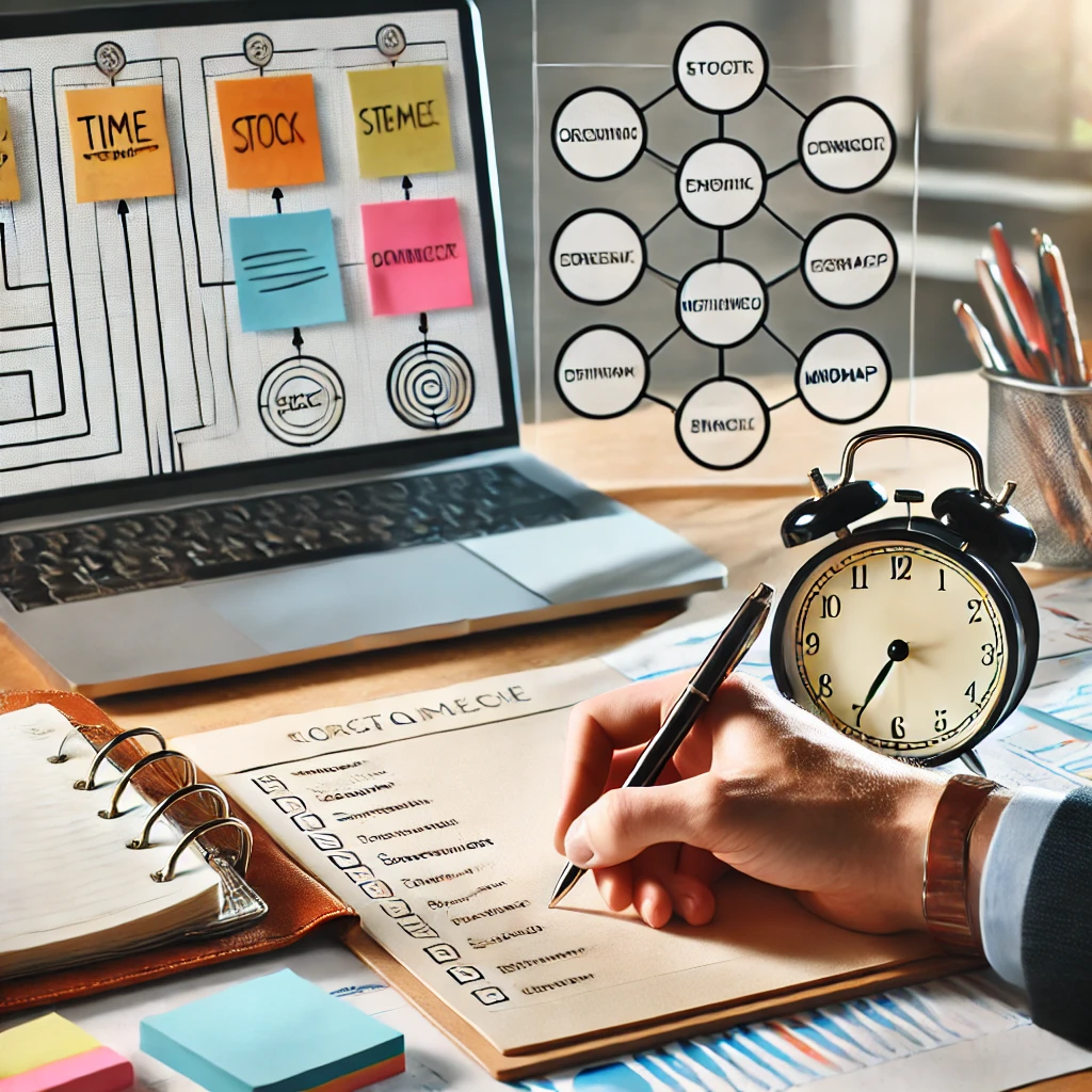 Un bureau avec des outils d'organisation comme un agenda, des notes colorées, un chronomètre et un écran montrant une mindmap, évoquant une méthodologie efficace pour les tests de sélection.