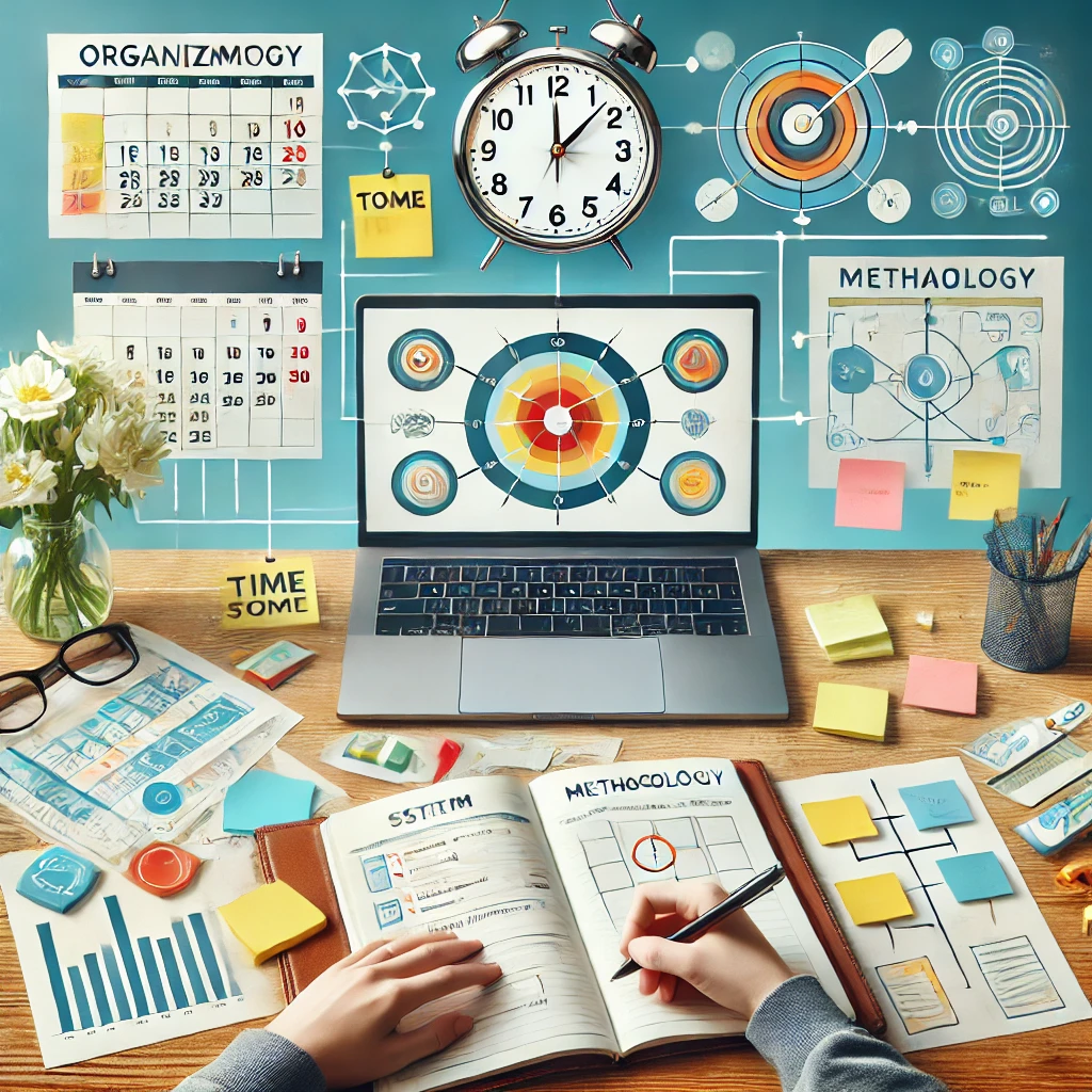 Un bureau avec un calendrier, une mindmap, des notes colorées, un ordinateur et une main écrivant dans un carnet, représentant une organisation méthodique pour la préparation aux tests.