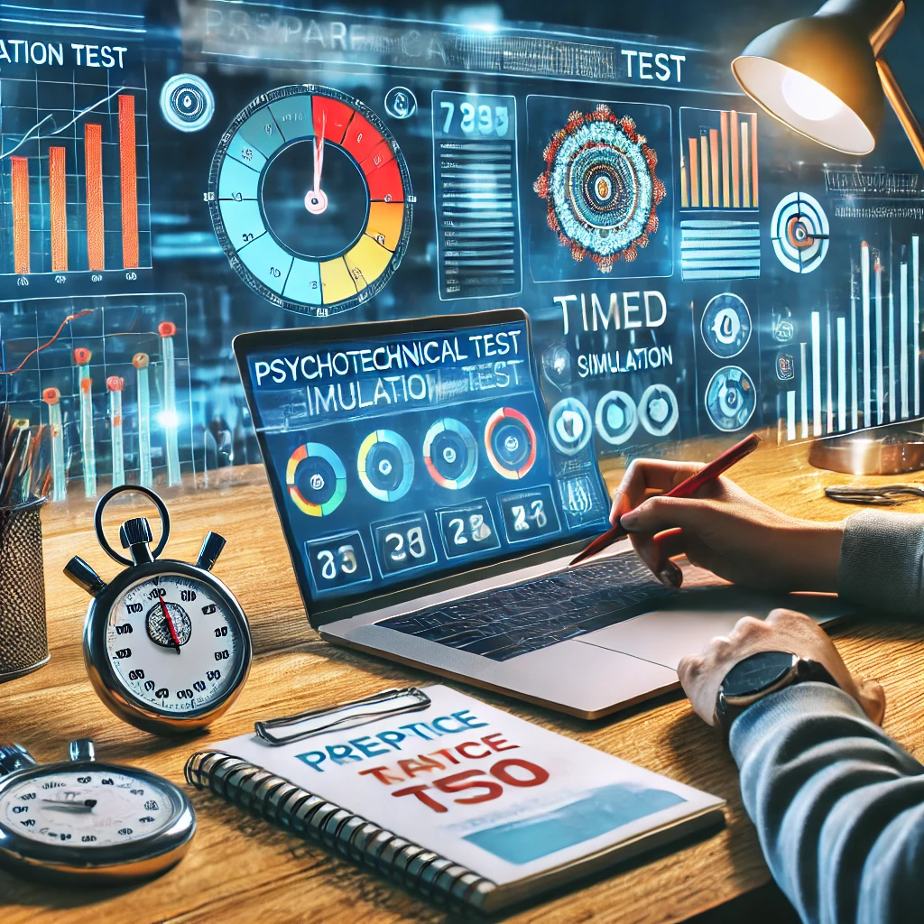 Un bureau organisé pour préparer les tests psychotechniques, avec un ordinateur affichant une simulation, un chronomètre, des graphiques et des notes pour symboliser la pratique et l'analyse.