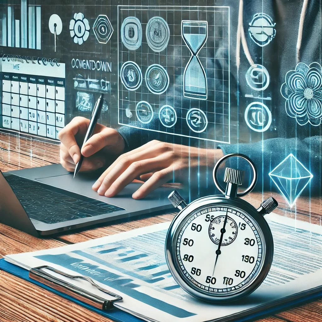 Un candidat à un bureau avec un chronomètre, un ordinateur affichant un test, et une checklist, illustrant la gestion du temps pour réussir.